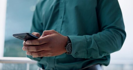 Closeup, business and man with a cellphone, typing and connection with website information, email or online reading. Male person, employee or agent with a smartphone, social media and search internet