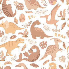 Wall Mural - Seamless vector pattern with cute hand drawn cartoon dinosaurs, leaves and branches isolated on white background. Boho illustration for card, nursery decoration, print, wallpaper, textile