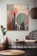Wall Mural - interior of living room with beige armchair, coffee table and abstract painting on wall