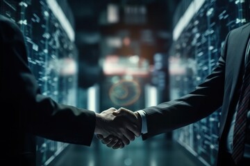 Wall Mural - Close up of two businessmen shaking hands in server room. Mixed media