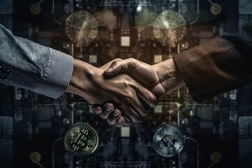 Wall Mural - Digital composite of Business people shaking hands against black background with cryptocurrency icons