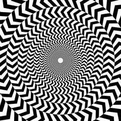 Sticker - Radial optical illusion background. Black and white abstract surface in circles. Poster, banner, template design design. Spinning and rotating spiral illusion wallpaper. Vector illustration