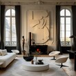 The interior of the living room in the style of penthouse, designed in the neoclassical style.