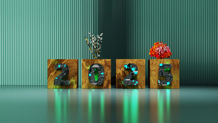 Wall Mural - new year 2025, modern layout neon light effect 3d rendering for social media, banner, poster, greeting invitation etc