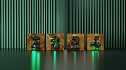 Wall Mural - new year 2024, modern layout neon light effect 3d rendering for social media, banner, poster etc