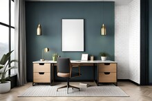 Elegant Composition Of Workplace Interior With Mock Up Poster Frame, Wooden Desk, Rattan Chair, Marble Lamp, Black Rack, Patterned Carpet And Personal Accessories