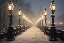 Foggy Winter Street Lights On The Embankment In Moscow