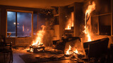 Fototapeta  - 夜にリビングが炎に包まれる、住宅火災｜Living room is engulfed in flames at night. House fire. Generative AI