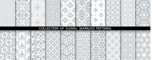 Geometric floral set of seamless patterns. White and gray vector backgrounds. Damask graphic ornaments