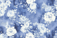 Abstract Blue And White Roses Pattern, In The Style Of Dreamy Watercolor Florals.