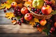 An exquisite artwork featuring a luxurious fruit basket adorned with autumn leaves captures the essence of the season, creating an ideal setting for Thanksgiving