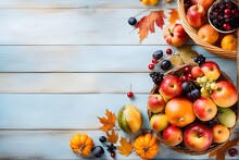 Against A Calming Blue Backdrop, Autumn Leaves And A Brimming Fruit Basket Create A Picturesque Display