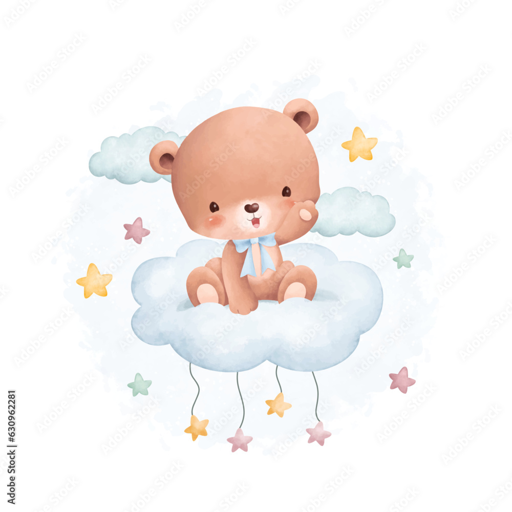 Watercolor illustration cute teddy bear on cloud with stars Stock ...