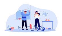 Couple Arguing In Destroyed Apartment Vector Illustration. Room With Broken Furniture And Household Items, Man Shouting At Woman And Fighting. Domestic Violence, Abusive Relationship Concept