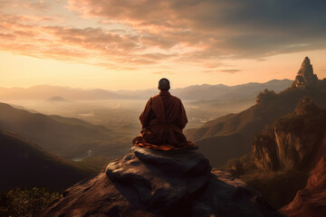 Wall Mural - Buddhist monk in meditation at beautiful sunset or sunrise background on high mountain.generative ai