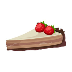 Wall Mural - Slice of cake with strawberries vector illustration. Cartoon drawing of piece of chocolate cake with strawberries. Dessert, food concept