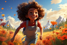 Happy African American Girl Running In Field Of Flowers On A Sunny Day, Joyful Child Carefree Childhood Illustration