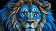 A colorful lion with a blue eye and a black background. Generative AI.