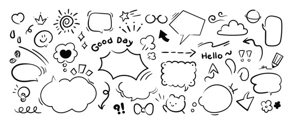 Wall Mural - Set of cute pen line doodle element vector. Hand drawn doodle style collection of speech bubble, arrow, word, heart, flower, star, cloud. Design for decoration, sticker, idol poster, social media