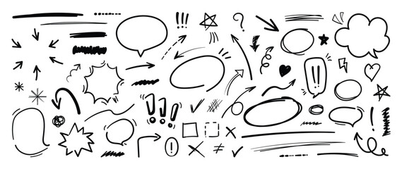 set of cute pen line doodle element vector. hand drawn doodle style collection of speech bubble, arr