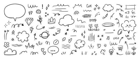 set of cute pen line doodle element vector. hand drawn doodle style collection of speech bubble, arr