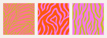 Bright Zebra And Butterfly Wings Seamless Patterns Set In Trendy Radiant Red, Cyber Lime And Pink Colors.