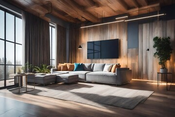Wall Mural - Wooden theme with grey sofa. AI-Generated
