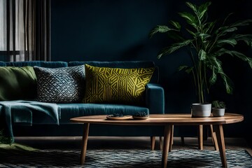 Wall Mural - Dark blue sofa and wall with green plant. AI-Generated