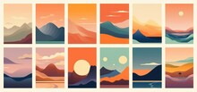 Big Set Of Abstract Mountain Landscape Banner Collection. Trendy Flat Collage Art Style Backgrounds Of Diverse Travel Scenery. Nature Environment, Coast Biome, Multicolor Hills, Desert, Generative AI