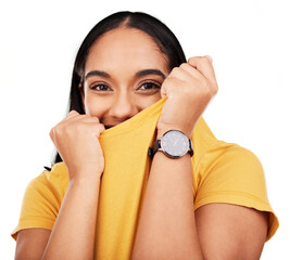 Portrait, happy and shy woman in studio hiding face on isolated, transparent and png background. Embarrassed, smile and cute female cover reaction, expression and body language, introvert or sweet