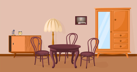 Wall Mural - Antique furniture in living room vector illustration. Wooden table, chairs, wardrobe and floor lamp, vintage clock and telephone on drawer. History, culture, interior design concept