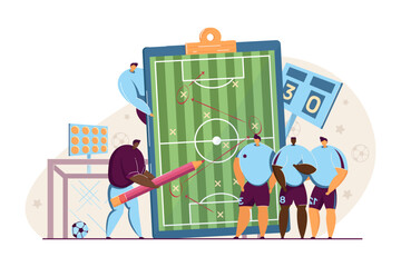 Wall Mural - Coach instructing football players vector illustration. Man explaining tactics strategy on football field scheme with yard lines, zones and goal posts. Football, competition, sports concept