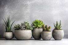 Succulents In Pots On A Grey Concrete Background, In The Style Of Minimalist Abstracts. Minimalist Background With Various Succulents On A Painted White Wooden Desk, Recycled, Copyspace