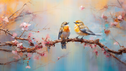 Naklejka na meble  happy cute bird in flower blossom atmosphere golden oil paint abstract art