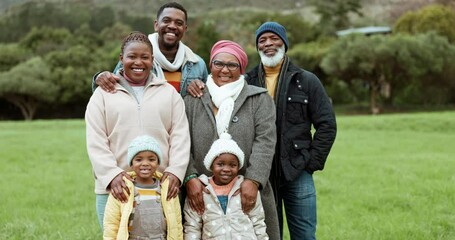 Wall Mural - Grandparents, black family or portrait of children in park or nature outdoors in countryside together. Grandfather, happy grandmother or dad bonding to enjoy holiday vacation with kids, smile or mom