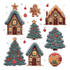 Wall Mural - set of cute christmas element decoration illustration template. icon, sticker. with transparent back