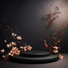 Dark Elegant Podium Scene For Product Presentation With Realistic Decorative Flowers And Branches Still Life Style. Professional Product Display Placement Template. Made With Generative Ai