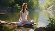 © JKLoma - Woman meditates in peace in the outdoors. Serene quiet by a stream. Yoga by a lake