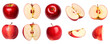 set of red apples isolated view side top. cut and sliced halved on transparent background cutout, PNG file.
