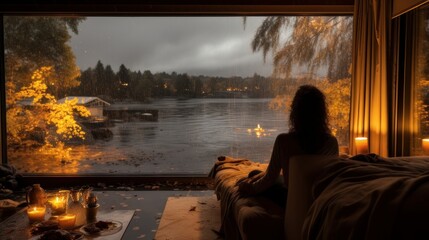 Wall Mural - woman autumn rain outside the window