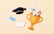 Cartoon trophy and mortarboard in the yellow background, 3d rendering.
