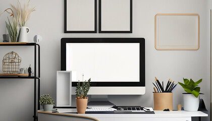 A creative workspace featuring a desktop computer and a white work table with an empty poster frame