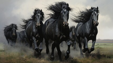 Naklejka na meble Herd of Friesian black horses galloping in the grass