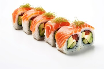 Wall Mural - A set of fresh sushi rolls with salmon, avocado. Japanese sushi on white background