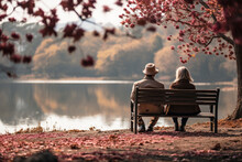 Serene Autumn Scene: Back View Of Senior Couple Enjoying Life After Retirement On Bench In Picturesque Park, Gazing At The Tranquil Lake, Embracing A Healthy And Active Lifestyle