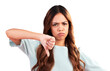 Angry, thumbs down and portrait of woman for fail, wrong and isolated on a transparent png background. Sad, dislike hand sign and face of person with emoji for negative review, feedback and bad vote