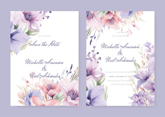 Fototapete - Watercolor wedding invitation template with romantic White pink and purple floral and leaves decoration