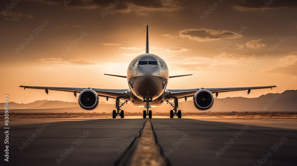 Front View Of An Airplane Taking Off On The Runway At Sunset ...