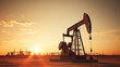 Crude oil pumpjack rig on desert silhouette in evening sunset 