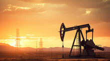 Crude Oil Pumpjack Rig On Desert Silhouette In Evening Sunset 